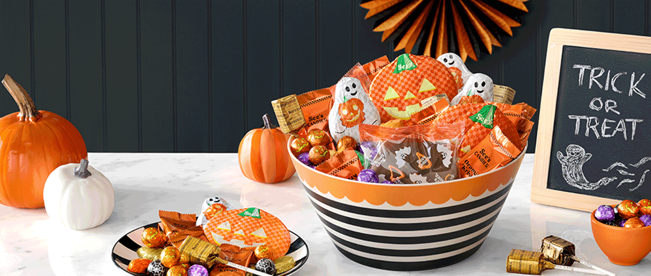 Halloween bowl featuring trick or treat candies