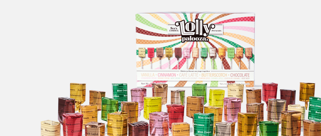 A crowd of lollypops in front of a lollypalooza box