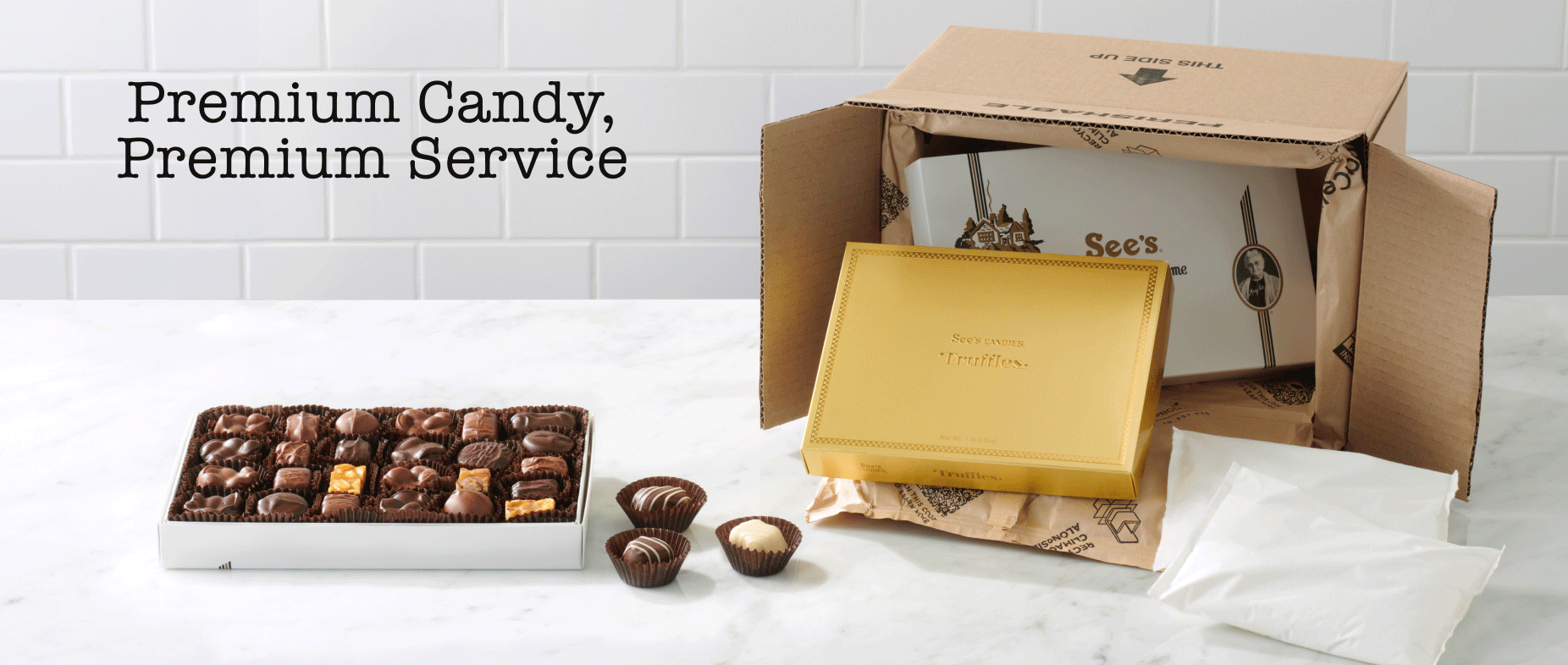 Gif of packaging including quality chocolates, thoughtfully hand packed packaging, protective insulated packaging, and reusable gel ice packs for warm weather packaging
